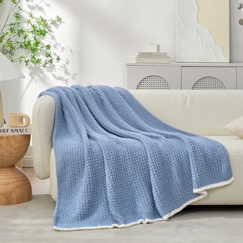 Snuggle Sac Ultra Soft Waffle Throw Blanket for Couch Bed Sofa 50x60 inches, Reversible Blue Blanket Microfiber Fluffy Fuzzy Cozy Knit Throws for Women Mothers Birthday Gifts - color: Waffle Washed Blue, size: Throw(50"x60")