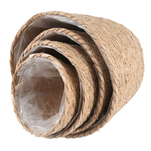 Set of 4 Seagrass Planter Basket, 6" 7" 9" 10" Hand Woven Plant Basket with Waterproof Plastic Liner, Round Natural Flower Pot for Indoor Outdoor Modern Home Decoration, Brown