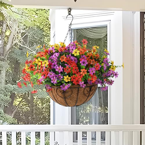 ZFProcess Artificial Flowers Hanging Baskets, Multicolor 12 Bundles Faux Flower Outdoor Hanging Basket Spring Summer Decoration, Fake Flowers Plants for Porch Patio Balcony Home Yard Decor(Mixd2) - color: Purple,red,orange,yellow