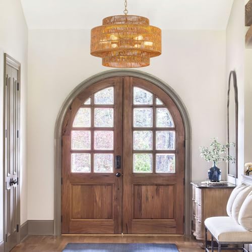 23.6" Rattan Chandelier Light Fixture,6-Light Vertical Woven Rattan Chandelier, 3-Tier Drum Hand-Woven Boho Light Fixture for Dining Room, Bedroom, Kitchen Island, Foyer - color: Gold-A 23.6"