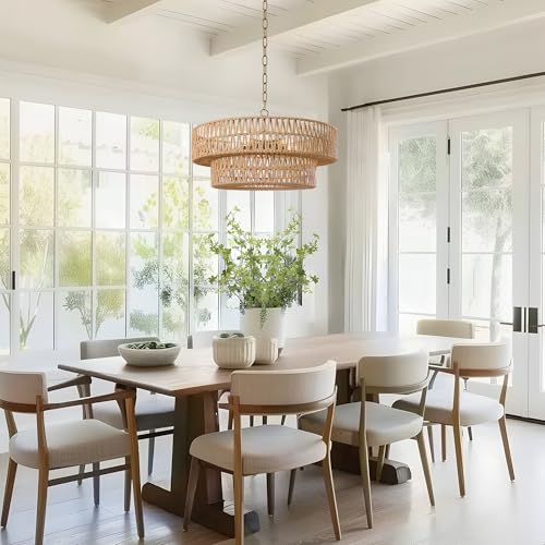 21.6 Inch Boho Rattan Chandelier, 5-Lights Hand Woven Bohemian Chandeliers with 2-Tier Drum Wicker Shade, Modern Farmhouse Large Pendant Light Fixture for Dining Room Living Entryway Bedroom - color: Gold Metal, size: 21.6 Inch