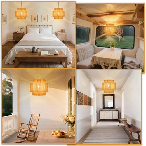 Vinaco Boho Hanging Light Plug in with Rotary Switch, Hand-Woven Dimmable Switch Swag Lamp, 3-Tier Wicker Swag Lights with Plug in Cord 15.4ft, Rattan Wicker Pendant Lights Living Room Corridor Foyer - size: 3 tier HL-8