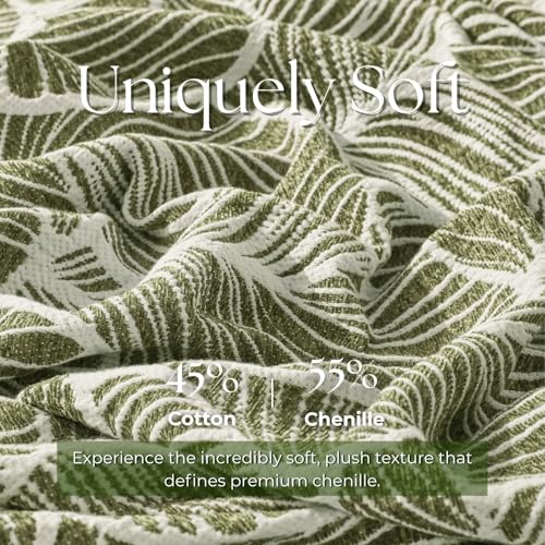 DOWN HOME Chenille Cotton Throw Blanket for Couch, Lightweight Boho Blanket for Bed Sofa Chair Living Room Outdoor Soft Woven Decorative Blanket with Tassel Gift Olive Leaves 55"x60" - color: Olive, size: 55"x60"