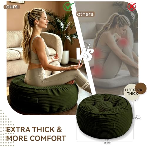 11" Washable Round Floor Pillow for Adults Thick Meditation Cushion for Sitting Large Yoga Pillows on Floor Ottoman to Elevate Leg for Tatami Living Room,22x22 Inch, Green - color: Green