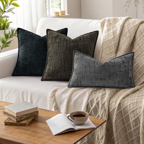 decorUhome Chenille Throw Pillow Covers 18x18 Set of 2, Soft Textured Slubby Modern Decorative Pillow Covers with Elegant Design for Couch, Sofa, Living Room, Black - color: Black, size: 18" x 18" (Pack of 2)