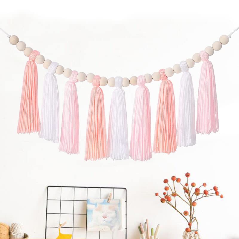 3PCS/Set Boho Tassel Garland,BetterJonny Boho Tassel Garland Wall Hanging Decor Pastel Banner with Wood Beads and 2Pcs Pom Pom Felt Ball for Home and Outdoor Decor - color: Style -1