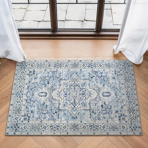 Bloom Rugs Washable Non-Slip 2x3 Rug - Blue Traditional Oriental Area Rug for Living Room, Bedroom, Dining Room, and Kitchen - Exact Size: 2' x 3' - color: Blue, size: 2' x 3' (Rectangular)