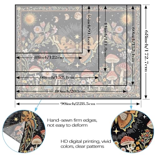 Accnicc Boho Butterfly Tapestry Mushroom Sun and Moon Hippie Wall Tapestry for Bedroom Aesthetic Vintage Floral Plant Large Tapestries Wall Hanging for Dorm Living Room Decor 80 x 60 Inch - color: Brown Black, size: 80"L x 60"W