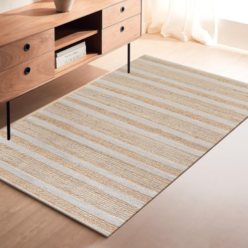 Area Rug Farmhouse 3x5 Feet - Hand Woven Jute Cotton Rug Bohemian Rustic Vintage - Non Slip Floor Rug for Bedroom Living Room Kitchen Dorm Entryway Hallway - Area Rug Natural - color: Natural, size: 3'x5'