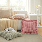 KKJIAF Ruffle Gingham Pillow Covers 24 x 24 Inches, Cotton Gingham Pillow Cases Set of 2, Linen Feel Ruffled Plaid Pillow Shams with Envelope Closure for Sofa Bed (Red/White Plaid) - color: Black Plaid, size: 24" x 24" (Pack of 2)