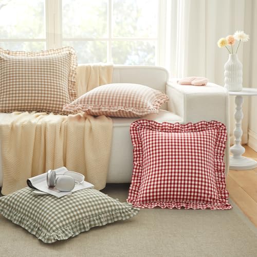 KKJIAF Ruffle Gingham Pillow Covers 24 x 24 Inches, Cotton Gingham Pillow Cases Set of 2, Linen Feel Ruffled Plaid Pillow Shams with Envelope Closure for Sofa Bed (Red/White Plaid) - color: Black Plaid, size: 24" x 24" (Pack of 2)