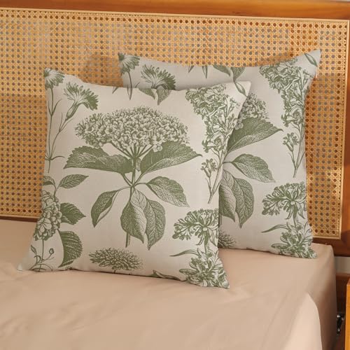 Sage Green Pillow Covers 16x16 Inch 2 Pcs Boho Vintage Floral Decor Throw Pillows Hydrangea Flower Seasonal Outdoor Farmhouse Neutral Accent Decoration Pillowcase Linen Cushion Cover for Sofa - color: Boho Sage Green Hydrangea, size: 16" x 16" (Pack of 2)
