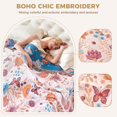 LUTBM Boho Throw Blanket for Couch Sofa Chair Cotton Summer Blankets for Bedroom Living Room All Season Soft Lightweight Reversible Floral Butterfly Embroidery Decorative Throws 50"x60" Home Decor - color: Butterfly-beige, size: 50"×60"