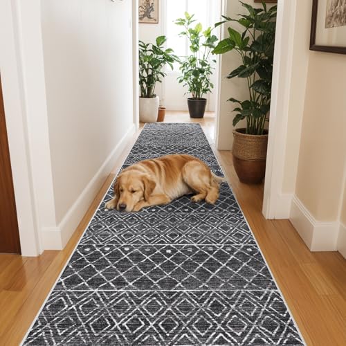 Rug Runners 2x6 Washable - Hallway Runner Rug Moroccan Non Slip Kitchen Runner Low Pile Soft Indoor Floor Mat Front Door for Bedroom Entryway Laundry 2x6 Black - color: Black, size: 2' x 6' (Rectangular)
