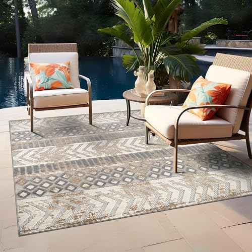 Rugshop Distressed Geometric Indoor/Outdoor Beige Square Area Rug Modern Tribal Stripe, Durable Stain Resistant Perfect for Patio, Backyard, Deck and Outdoor Lounge 6'6" x 6'6" Square - size: 6'7" x 6'7" (Rectangular)