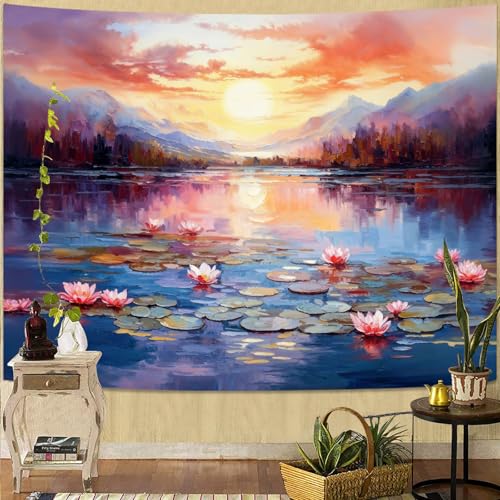 kampdream Landscape Tapestry, Scenery Art Wall Tapestries, Nature Wall Decor for Bedroom Living Room Backdrop Sunset Pond Lotus 36×48 inches - color: Sunset Pond, size: 48"L x 36"W