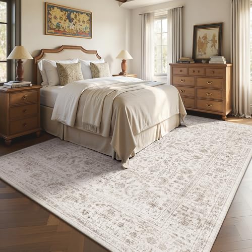 6x9 Area Rugs, Washable Vintage Retro Floral Rug for Living Room, Low Pile Non Slip Distressed Large Carpet for Bedroom, Dining Room, Office, Home (Light Brown) - color: E-light Brown, size: 6' x 9' (Rectangular)