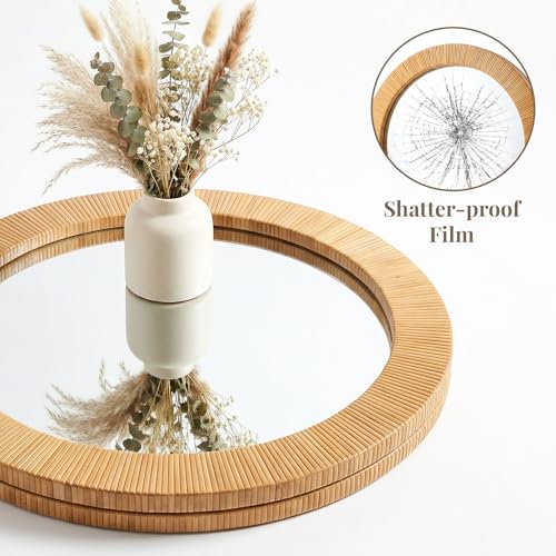 Round Rattan Wall Mirror for Bathroom 24 Inch Decorative Boho Circle Wicker Mirror Farmhouse Nature Wood Frame Woven Mirror for Bedroom Living Room Entryway - size: 24"L x 24"W
