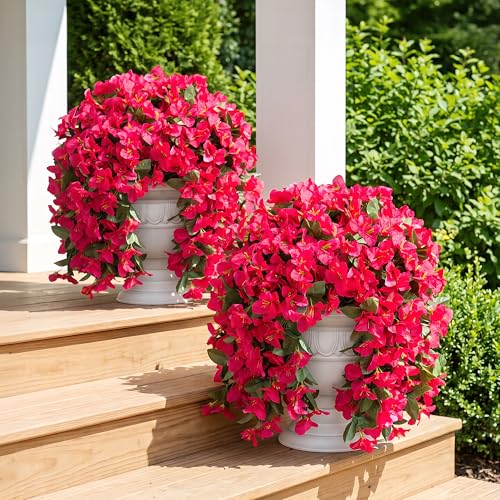 Faux Bougainvillea Artificial Flowers Plants for Outdoors Outside Decoration, 2 PCS Fake Flowers Silk Long Trailing Vines UV Resistant Realistic for Front Door Porch Planter Urn Patio Balcony Hot Pink - color: Hot Pink