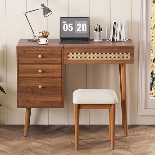 47" Rattan Vanity Table with Mirror and Lights, Brown Makeup Vanity with Storage & 5 Drawers, Boho Vanitys Desk with Shelves for Bedroom, 3 Lighting Modes, Adjustable Brightness (Brown) - color: Brown