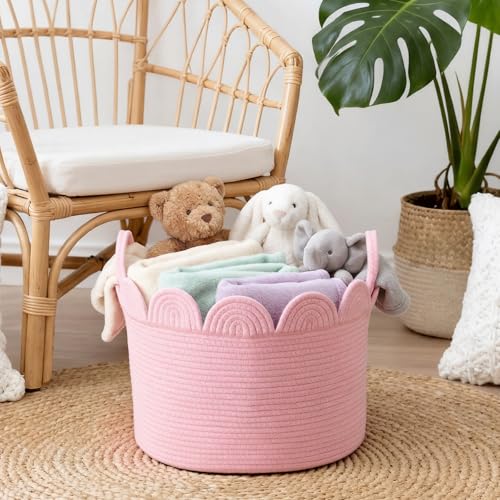LemonRoad Pink Round Basket Large Blanket Basket 15.8" L X 15.8" W X 13.8" H Scalloped Woven Baskets Cotton Storage Baskets for Nursery Classroom Closet Blankets Storage Home Decor - color: Pink, size: 15.8" L X 15.8" W X13.8" H