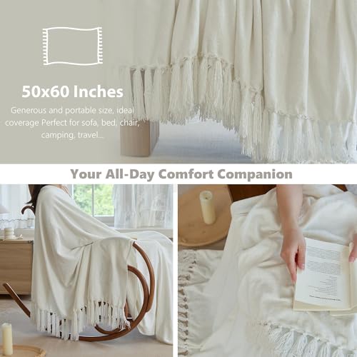 Simple&Opulence Soft Chenille Throw Blanket 50'' x 60'' - Cozy Fluffy Blanket with Fringe Tassel, Farmhouse Boho Blankets for Couch Bed Office Chair Gift Home Decor All Season Use, Cream - color: Cream