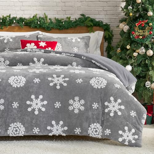 Amélie Home Christmas Comforter Set Queen, Fluffy Fleece Bedding Set with Christmas Snowflake, Grey Plush Comforter, 3 Pieces, 1 Soft Comforter and 2 Pillow Shams - color: Christmas Snowflake Grey, size: Queen (90"x90")