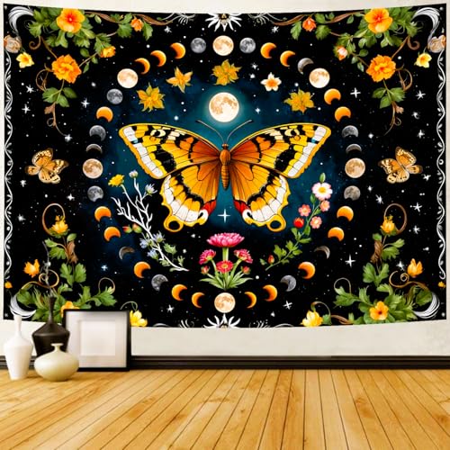 Delur Butterfly Moon Flower Tapestry Botanical Floral Plant Boho Tapestry Wall Hanging Mandala Aesthetic Mushroom Retro Vintage Headboard for Bedroom Living Room Home Decor (70.8" x 92.5") - color: Butterfly Moon, size: 70.8"L x 92.5"W