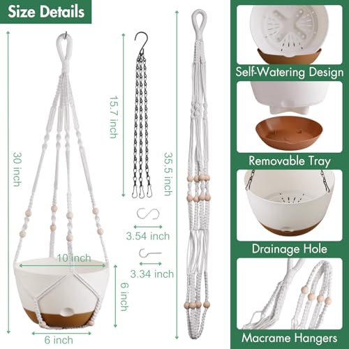 Set of 2-10 Inch Hanging Planters for Indoor Plants with Self-Watering Includes Hanging Pots for Plants, Outdoor Hanging Plant Pot with Drainage, and 2 Types of Hanging Baskets Hangers (White, 10inch) - color: White, size: 10inch