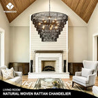 39.4" Large Rattan Chandelier, 15-Light Black Boho Woven Wicker Chandeliers, 7-Tier Rustic Farmhouse Drum Light Fixture for Dining Room, Kitchen, Living Room, Entryway, E12 - color: Black 39IN