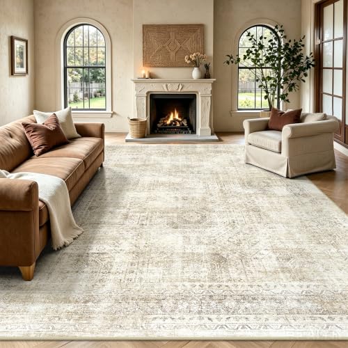 8x10 Area Rugs for Living Room, Washable Vintage Retro Floral Rug, Low Pile Non Slip Distressed Large Carpet for Bedroom, Dining Room, Office, Home (Beige) - color: I-beige, size: 8' x 10' (Rectangular)