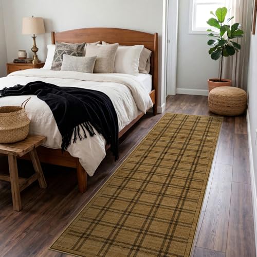 Jute 3x8 Hallway Runner Rug: Washable Non Slip Kitchen Rugs with Rubber Backing Pet-Friendly Carpets Stain Resistant Runners for Laundry Entryway Bedroom Decor Brown Plaid - color: Brown Plaid, size: 3' x 8' (Rectangular)
