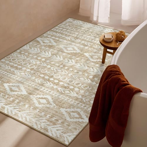 Lahome Boho Geometric 3x5 Rug, Low-Pile Soft Washable Tan Bedroom Rug Non-Slip, Rustic Tribal Print Pattern Large Bathroom Rugs Indoor Throw Rug Carpet for Entryway Office Laundry Room Varena - color: Tan/White, size: 3' x 5'