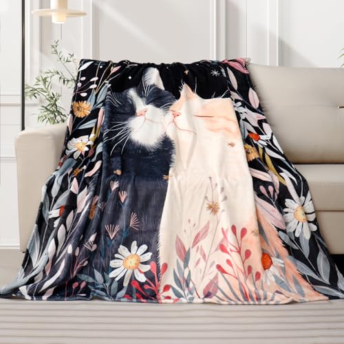 Cat Throw Blanket for Cats Lover Floral Plant Bed Blanket Moon and Star Blankets Cozy Fuzzy Plush Throw Blanket for Couch Chair 50"x 60" - color: Cat, size: 50" X 60"