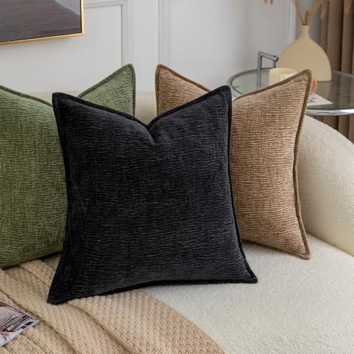 MADIZZ Pack of 2 Decorative Throw Pillow Covers Soft Chenille Throw Pillows Solid Textured Cushion Covers for Couch Sofa Bedroom Living Room 20x20 Inch, Black - color: Black, size: 20" x 20" (Pack of 2)