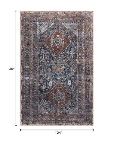 Keen Home Design 24"x36" Rug - Machine Washable Entry Rug with Non-Slip Backing, Ideal for Enteryway, Kitchen, Bathroom, Laundry Room - Vintage, Easy Clean, Durable, Low Pile - (2' x 3') - color: Navy/Brown, size: 2' x 3' (Rectangular)