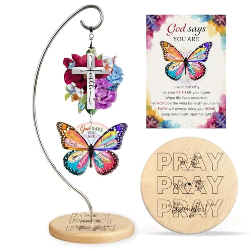 Christian Gifts for Women Birthday - Christmas Inspiration Religious Gifts for for Friends, Mom, Sister, Girl, Female Coworker, Christian - Christian Desk Decor - Religious Spiritual Gift - color: 04 - Cross Faith Rose Butterfly God Says