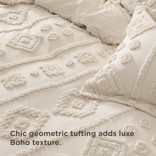 Bedsure Boho Duvet Cover Queen Size - Tufted Boho Bedding, Farmhouse-Style Distressed Vintage Embroidery Bedding for All Seasons, 3 Pieces, 1 Soft Jacquard Queen Comforter Cover and 2 Pillow Shams - color: 08 - Beige Tufted (No Comforter), size: Queen (90
