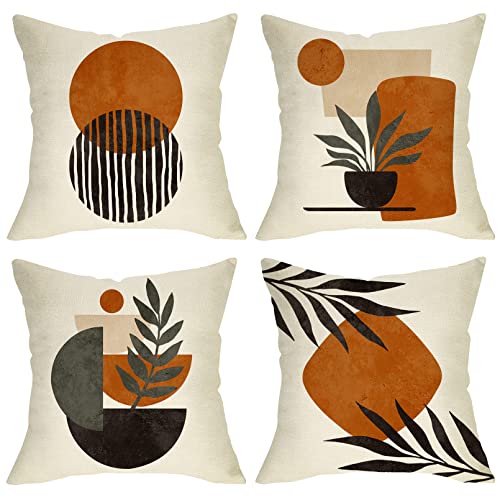 Boho Abstract Sunset Plant Olive Leaves Decorative Throw Pillow Covers Set of 4, Bohemian Geometry Line Pillowcase Decoration, Minimalist Modern Art Aesthetic Cushion Case Home Decor 16x16 - color: Boho Plant, size: 16" x 16" (Pack of 4)