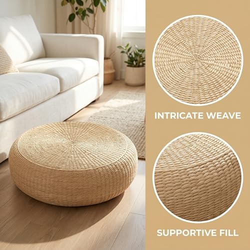 Hand Woven Round Floor Cushion 2 Piece Set, 15.75 Inch Natural Straw Pouf Ottoman, Boho Handmade Seat Footstool for Living Room Bedroom Patio