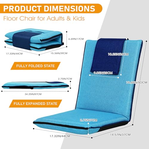 FASTMOMENT Floor Chair with Back Support 14-Position Adjustable Floor Chair Portable Ground Seating for Adults Foldable Meditation Seat with Japanese KOYO Bearings & Washable Linen Cover (Bright Blue) - color: Bright Blue & Dark Blue, style: Regular