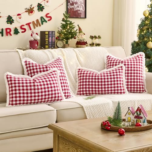 Red and White Christmas Plaid Lumbar Pillow Covers 12x20 Set of 2 with Tassels, Red Gingham Winter Holiday Lumbar Pillow Covers 12 x 20, Christmas Outdoor Pillows for Porch and Patio (Woven Fabric) - color: Lumbar Red & White (With Tassels), size: 20" x 1