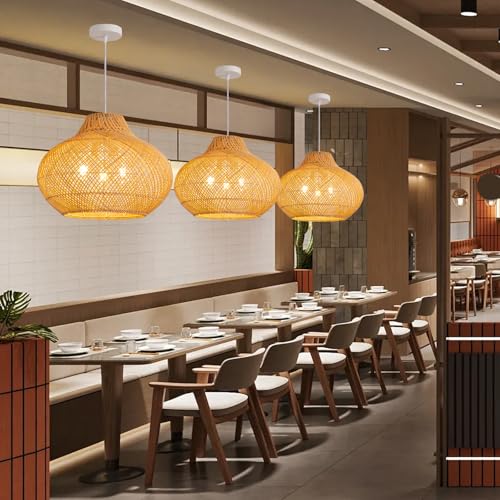 3-Light Rattan Pendant Light,18.9" Round Hanging Light,1-Pack Wicker Pendant Light Hand-Woven Rattan Chandelier for Workplace Dining Living Bedroom Kitchen Farmhouse - color: Metal+Rattan, size: 18.9" 3-Light