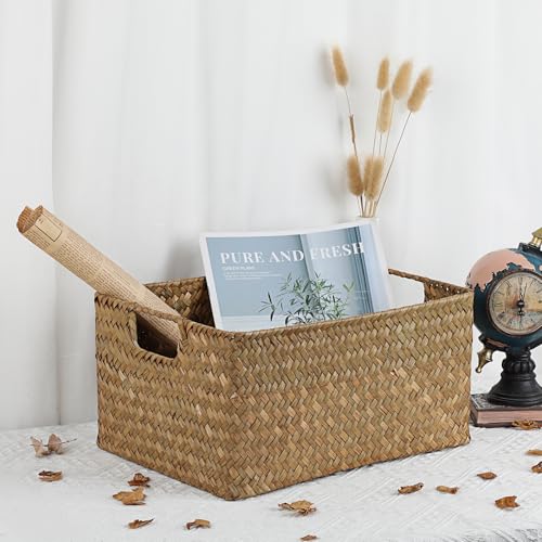 Hipiwe Seagrass Storage Basket Bin Rectangular Handwoven Wicker Storage Box with Handle Opened Baskets Box for Shelf Organizing Closet Bathroom, Caramel, Medium - color: Caramel, size: Medium,13.4"x9.4"x 6.7"