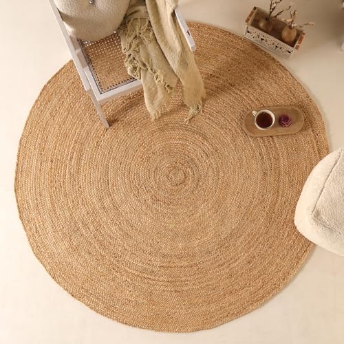 Handwoven 6FT Round Natural Jute Area Rug Rustic Reversible Solid Farmhouse Rug for Bedroom Living Room Dining Room and Office - size: 6' (Round)