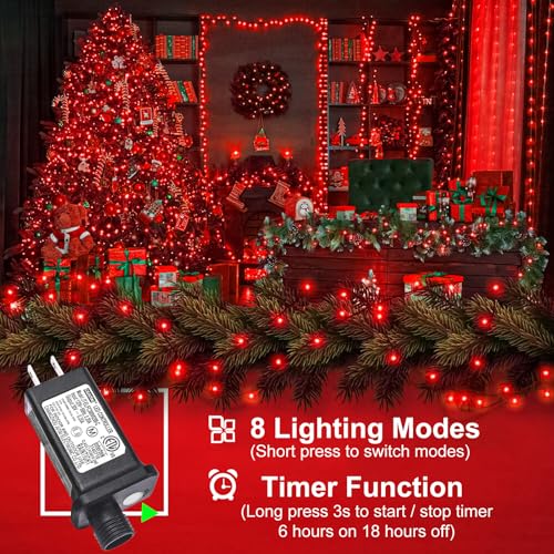 2 Pack Christmas Lights Outdoor, Total 200FT 600LED String Lights for Outside Waterproof with 8 Modes, Connectable Plug In Fairy Lights for Indoor Room Patio Yard Garden Party Decorations, Red - color: Red, size: 200FT 600LED