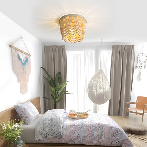 Bohemian Wood Beaded lamp 3-Light recessed Mounted Ceiling lamp Primary Color Antique Rustic mini Chandelier for Dining Room, Bedroom, Girl Room，Nursery, Hallway, Entrance, Passageway - color: Natural
