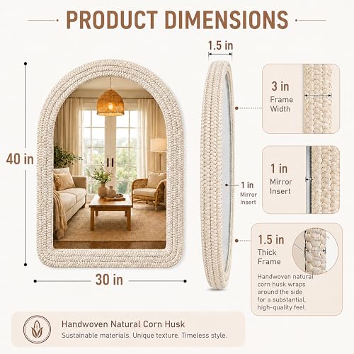 30" x 40" Arched Wall Mirror, Handwoven Natural Corn Husk Fiber with Light Whitewashed Finish, Warm Boho Coastal Style for Entryway, Bedroom, Living Room, Vertical Hanging - size: 40"L x 30"W