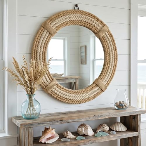 12" Inch Round Rustic Farmhouse Boho Shabby Chic Wall Hanging Mirror with Natural Jute Rope Decor Accent for Entryway, Bedroom, or Living Room (Color 5) - color: Color 5