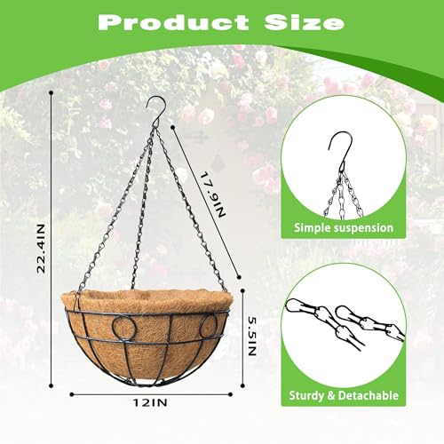 2 Pack 12 Inch Black Metal Hanging Basket Hanging Planter with Coco Coir Liner Heavy Duty Hanging Flower Pot Holder for Indoor Outdoor Patio Garden Porch Balcony Decor (Round) - color: Round